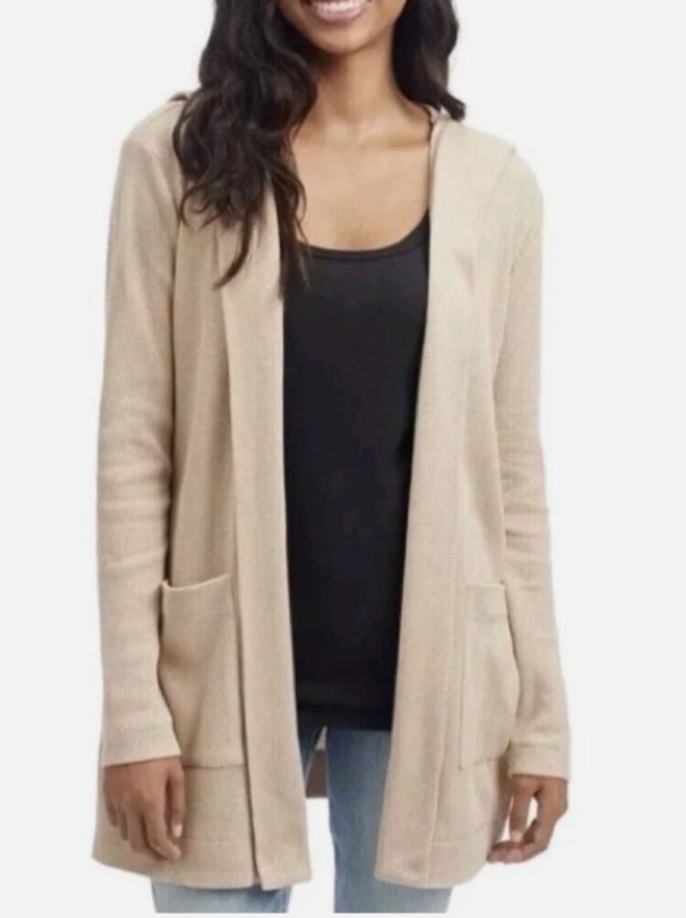 Splendid Waffle Knit Open Front Longline Cardigan Hoodie